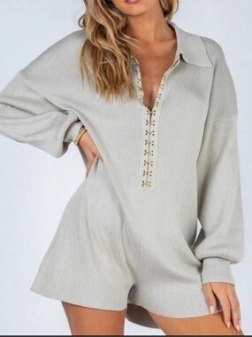 Princess Polly Light Gray Ribbed Hook-Front Romper